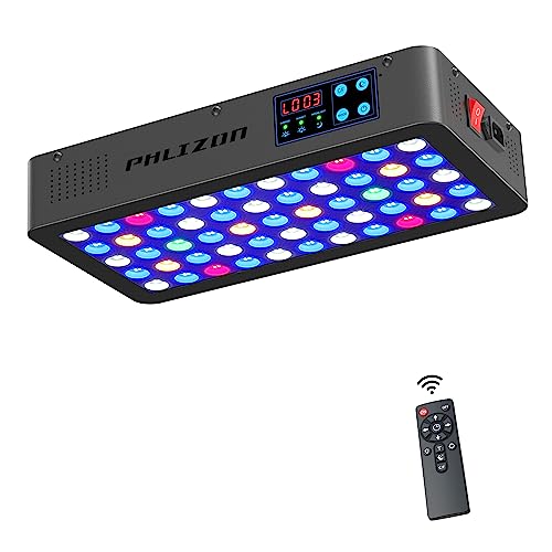 Phlizon Timer Control Dimmable 165W LED Aquarium Light with Temperature Monitor Full Spectrum Fish Tank Light for Grow Coral Reef Marine Fish Tank LPS/SPS