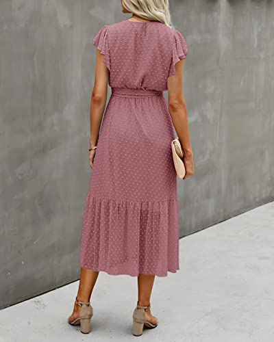 Image of BTFBM Women Summer Bohemian Floral Casual Wrap V Neck Ruffle Cap Sleeveless Belt A-Line Pleated Hem Midi Sun Dress White