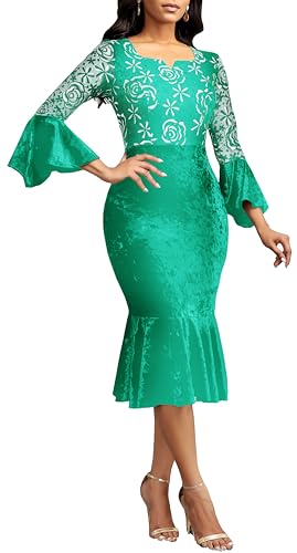 Image of Midi Lace Dress for Women Bodycon Dress Church Cocktail Party Clothes | Square Neck,Lace Bell Sleeve,Velvet Look,Mermaid Hem,Midi Dresses,Cocktail Party,Wedding Guest Party,Formal Event Outftis