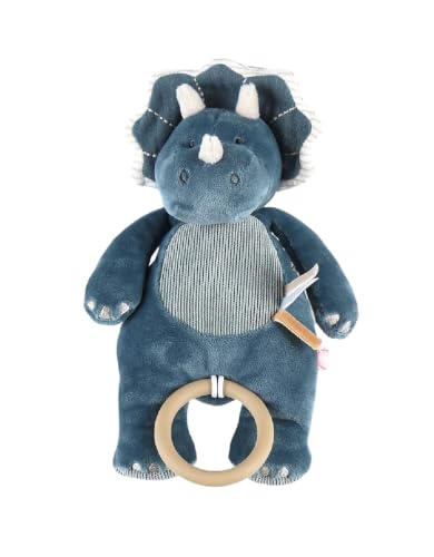 Noukie's - Peluche Musicale 20 cm pour bébé - Anneau en Bois - sans Piles - Jouet Nomade Compact pour Voyage, Poussette - Cadeau de Naissance - Dino Bleu Ops