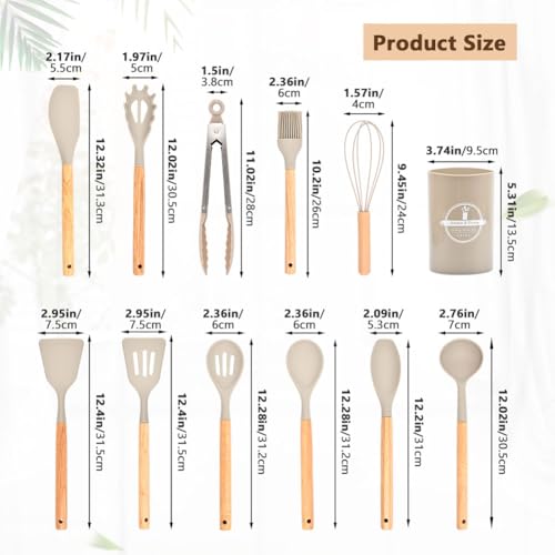 Küchenhelfer Set, Silikon Küchenutensilien Set, Antihaft Hitzebeständiger Holzgriff Kochbesteck mit Utensilienhalter, Spachtel Set, Kochlöffel,12-teilig(Khaki)