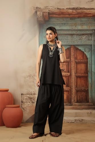 Image of REAM Women's Cotton Sleeveless Kurti and Farshi Salwar Set, Black, Ethnic Wear, Casual and Festive