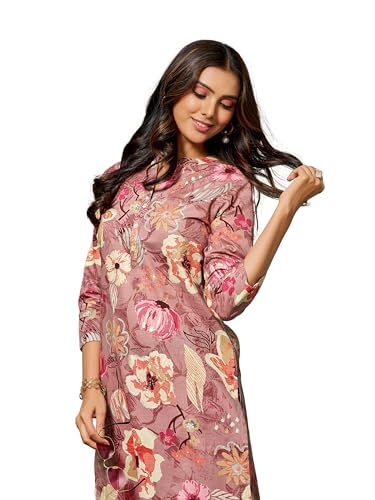 Image of EthnicJunction Cotton Ethnic Women's Straight Floral Print Kurta With Pant Set