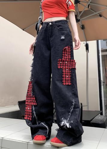Unisex Y2K Baggy Wide Leg Jeans – Black Ripped Distressed Denim Pants with Red Plaid Patchwork Punk Streetwear3