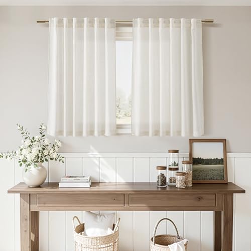 Image of Nanspring Cream Short Linen Kitchen Curtains 36 Inch Length,Over Sink Light Filtering Semi Sheer Curtains Back Tab and Rod Pocket Drapes for Basement Bathroom Window, 2 Panels 42 x 36 Inch