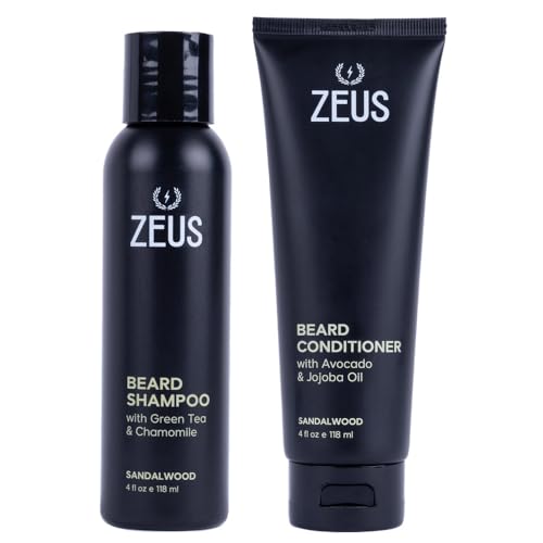 Image of ZEUS Sandalwood Beard Wash Set for Men with Green Tea & Essential Oils | Beard Shampoo & Conditioner Duo with Natural Oils to Hydrate, Soften, Cleanse & Strengthen Facial Hair (Made in USA)