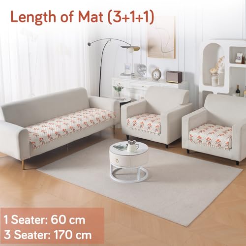 Image of HOKIPO Autumn Blossom Quilted Sofa Cover 5 Seater Set - Washable 3+1+1 Sofa Cover Mat with Tassel Design | 'Tassel Twigs' Series (IN-985-T5 + IN-982-T5*2)