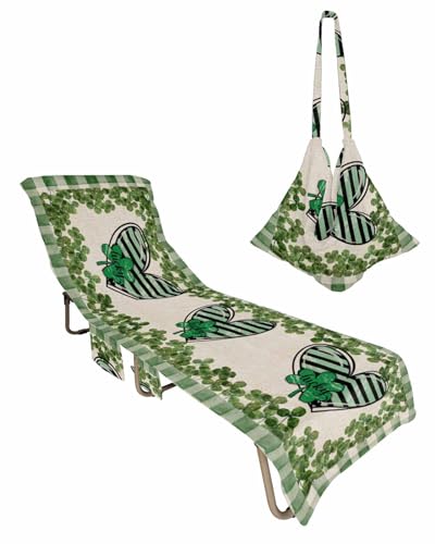 St. Patrick's Day Beach Chair Towel Covers for Chaise Lounge with Side Pocket, Soft Plush Pool Towels Cover for Patio Sunbathing Outdoor 29''x85'' Stripes Plant Love Buffalo Plaid Green