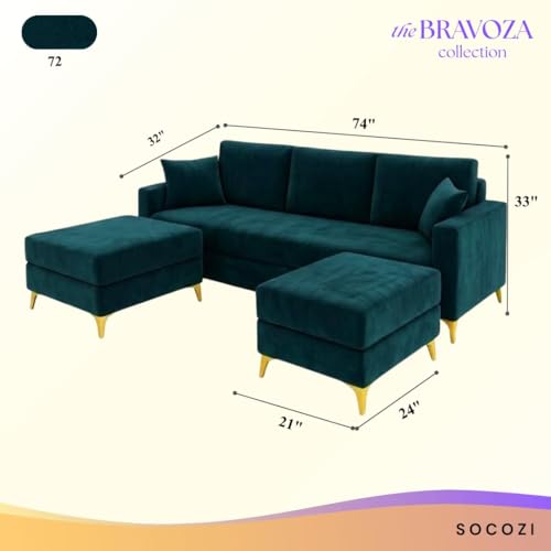 Image of SOCOZI Bravelle 5 Seater L Shape Sofa Set with 2 Movable Ottomans | Flexible Layout| Soft Velvet Suede Fabric|Modern Sofa | Plush Comfort Cushions for Living Room (Teal Green Color)