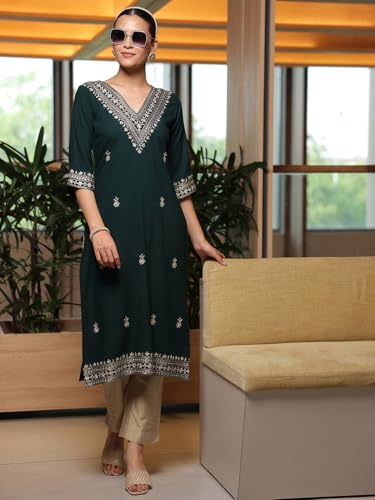 Image of Libas Womens Embroidered Viscose Straight Kurta for Women | Ethnic wear | Bridal Suit | Wedding Dress | Occasion wear