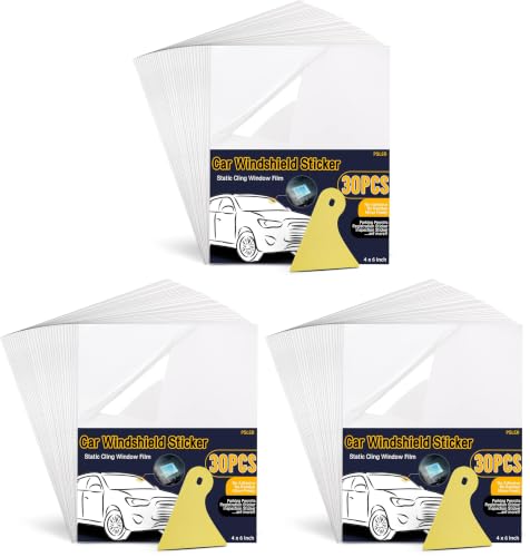 Image of PSLER Car Windshield Sticker, Windshield Applicator, Clear Window Cling Car Inspection Sticker Holder Static Cling Window Film for Cars 30PCS 4 x 6 inch Static Cling Vinyl for Pass Holder (Pack of 3)