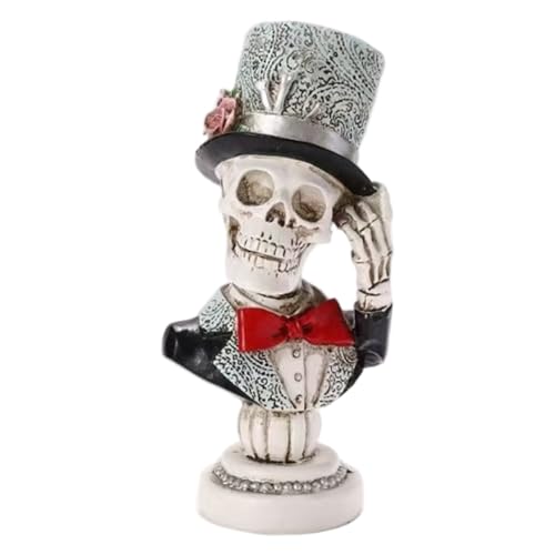 Jorzer Busto de Esqueleto de Halloween Busto de Resina de 23 cm con Vestido Formal y Sombrero de Copa decoración de Esqueleto Espeluznante para casa Oficina Bar o Fiesta.