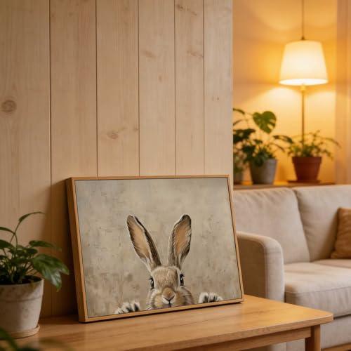 Framed Vintage Easter Bunny Wall Art Neutral Easter Rabbit Ears Spring Picture Wall Decor Animal Cottagecore Poster Print for Nursery Kids Room Living Room Bedroom 12x16in