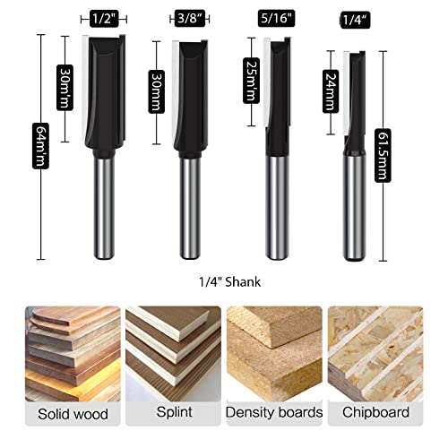 Roocbit Straight Cut Router Bits 1/4-Inch Shank Double Flute Straight Router Bit Set - (1/4, 5/16, 3/8, 1/2, 5/8, 3/4, 1 Inch Diameter) 7Pcs #TOP4