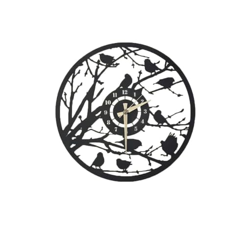 Reloj de pared, silencioso, sin tictac, decorativo, de metal negro, redondo, hueco, diseño de ramas de árbol, 35 cm, funciona con pilas, para sala de estar, dormitorio, cocina, hogar, oficina