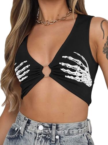 BEJONS Corsé sexy Y2K para mujer, con cuello en V profundo, brasier para salir por la noche, festival, rave, 01-negro Halloween 01#, XS