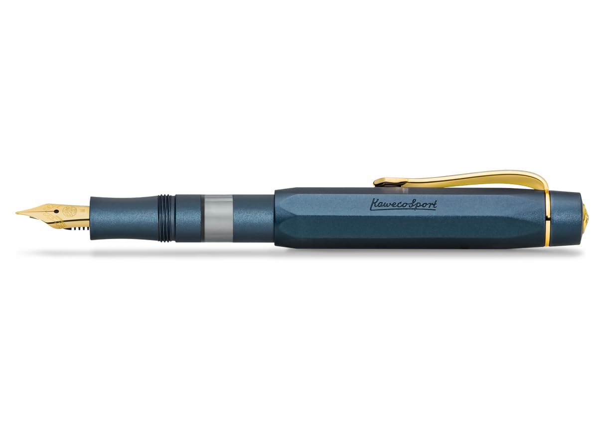 Kaweco PISTON SPORT AL Navy/Gold Solo I Classic Fountain Pen with Steel Nib for Ink Bottles with Transparent Window in Nostalgic Box I Exclusive Aluminium Pen 13 cm I Nib: B (Broad)