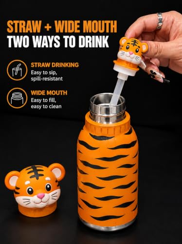 Image of 480ml Stainless Steel Sipper Water Bottle with Straw | Leakproof Animal Sipper Bottle | Reusable Drinking Bottle for School, Travel & Daily Use (Tiger)