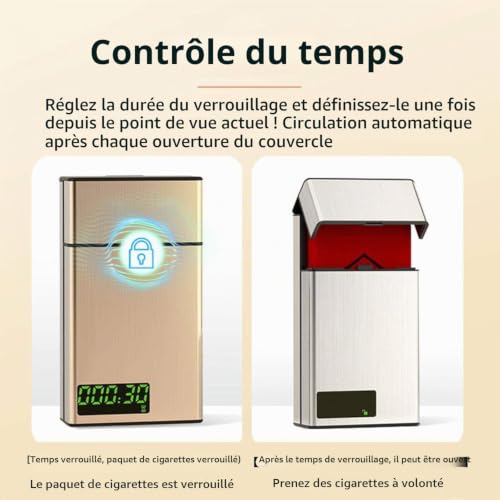 WOZLO-Étui à cigarettes intelligent, aide à l'abandon du tabac, minuterie et étui de verrouillage en alliage d'aluminium, 20 cigarettes fines,Gold – vue 4