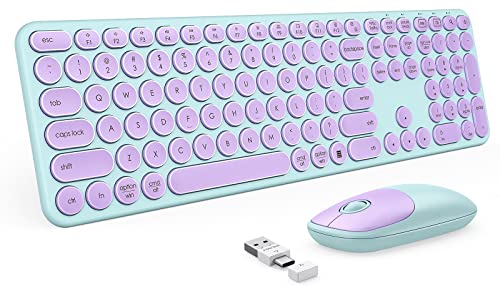 Image of PEIOUS Wireless Keyboard and Mouse Combo, Cute Purple With USB and Type C Receiver, Full Size, Compatible for MacBook, Windows, Laptop, PC - Purple Green