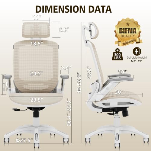 Image of GABRYLLY Ergonomic Office Chair, High Back Home Desk Chair with 2D Flip-Up Arms, 3D Headrest, 90-120 Tilt and Wide Cushion, Big and Tall Mesh Chairs for Man Woman, Computer Task Chair Beige