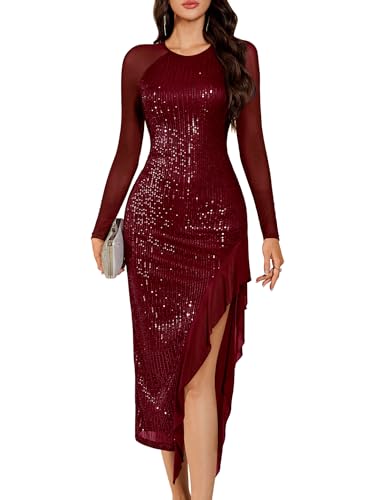 Aupuls Sequin Dress for Teens Long Sleeve Fall Formal Dresses for Women 2025 Christmas Dress G028 Burgundy 2XL