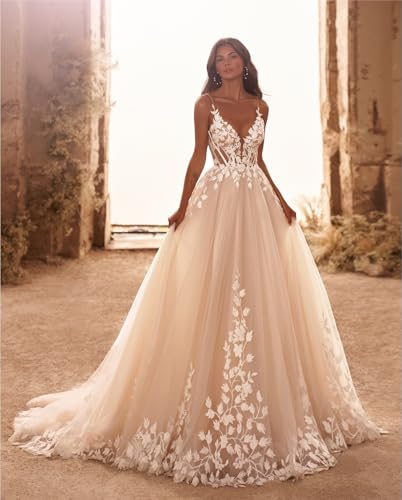 A Line Wedding Dresses for Bride Spaghetti Straps Backless Beach Floral Lace Bridal Gown Wedding Bride Gowns3