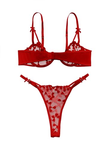 Image of Lilosy Sexy Underwire Cute Push Up Strappy Embroidered Mesh Sheer Lingerie Set See Through Panty Bra