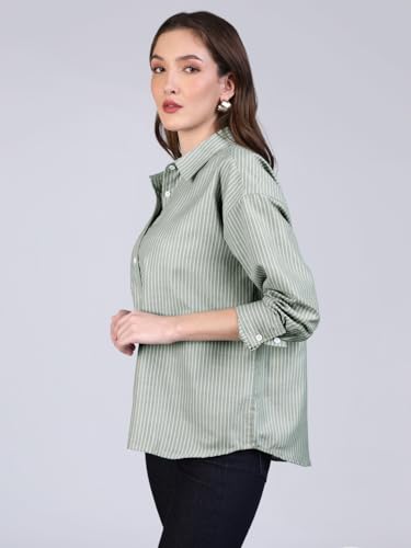 Image of Urbano Fashion Women's Cotton Full Sleeve Oversized Fit Casual Striped Shirt with Spread Collar