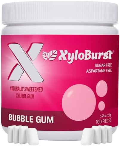 XyloBurst Xylitol Natural Bubble Gum Chewing Gum 100 Piece Jar - Non GMO, Vegan, Aspartame Free, Sugar Free