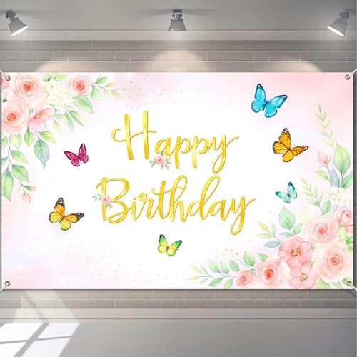 HOMETITUTE Butterfly Happy Birthday Banner Rose 71x43 Inch