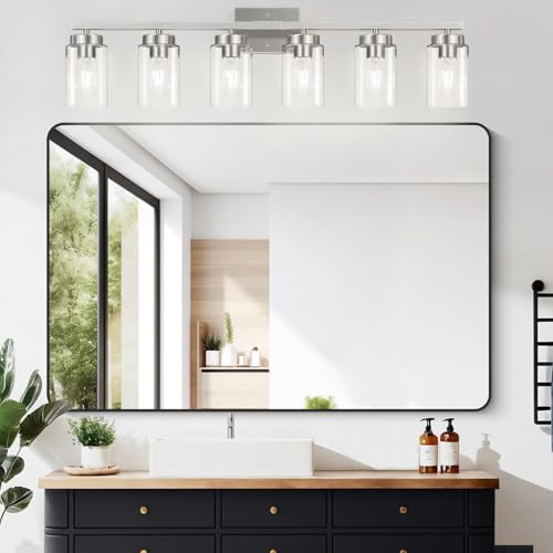 Image of IZORRO Bathroom Light Fixtures, Modern Vanity Lights, Bathroom Lighting Fixtures Over Mirror with Clear Glass Shade, Wall Sconce for Living Room Cabinet Bedroom (Brushed Nickel, 6-Light)