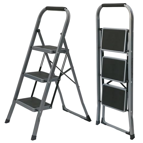 UZIRO Escalera Plegable 3 Peldaños -Estructura de Acero y Peldaño Antideslizante - Asa Superior de Goma - Escaleras Plegables Domésticas - Step Ladder para Hogar (Gris, 3 Peldaños)