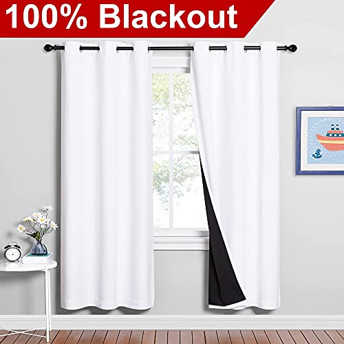 Image of NICETOWN 100% Blackout Window Curtain Panels, Full Light Blocking Drapes with Black Liner for Nursery, 72-inch Drop Thermal Insulated Draperies (White, 2 Pieces, 42-inch Wide Per Panel)