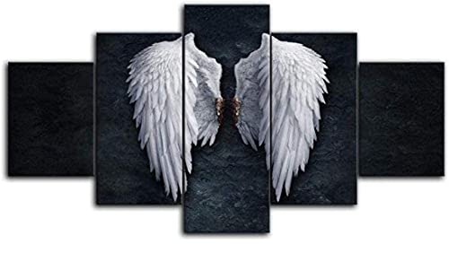 Refosian 5 Panneaux Impression sur Toile - 5 Panneaux Ange Ailes Blanches Motif Noir Art Mural Impressions sur Toile Affiche Plume Ailes au Sol peintures créatives sur Le Mur Photo pour Salon déc Cover