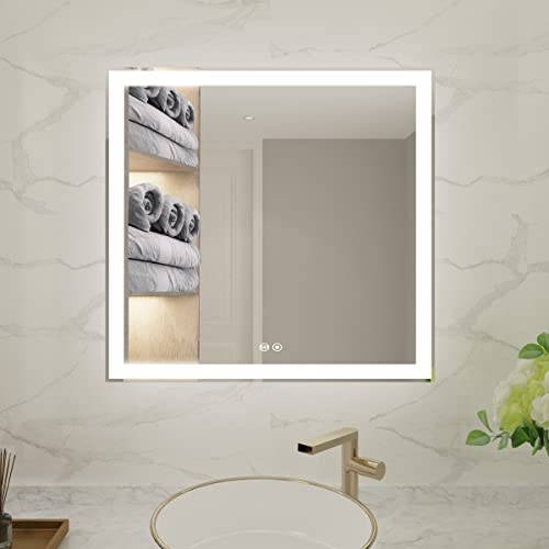 Illucid Led Bathroom Mirror 30X30 Inch Color Temperature Optional Backlit Mirror，Dimming， Anti-Fog And Makeup Square Bathroom Mirror With Vanity Light #TOP13