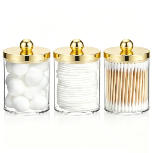 Image of Tbestmax 10oz Qtips Holder Bathroom Container - Plastic Apothecary Jar with Gold Lids for Cotton Bal Swab Round Pads, Floss - Gold