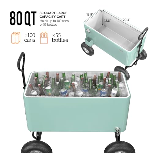 Image of VINGLI 80 Quart Wagon Rolling Cooler Ice Chest, w /Long Handle and 10 inch Wheels, Portable Beach Patio Party Bar Cold Drink Beverage, Outdoor Park Cart on Wheels