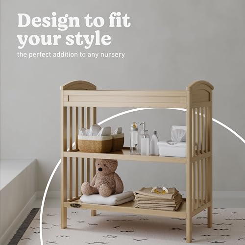 Image of Graco Benton Changing Table with Bonus Water-Resistant Changing Pad (Driftwood) - GREENGUARD Gold Certified, Includes Diaper Change Pad with Safety Strap, 2 Open Storage Shelves for Organizing