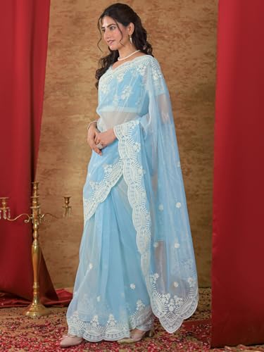 Image of Satrani Women's Net Embroidery Saree with Unstitched Blouse Piece