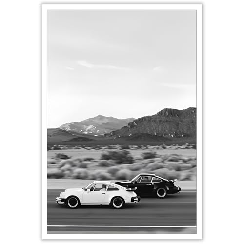 Retro Black And White Car Poster Supercar Canvas Wall Art Luxury Car Lover Sunset Mountain Landscape Aesthetic Prints Painting For Living Room Bedroom Great Garage Wall Decor 12x16in Unframed