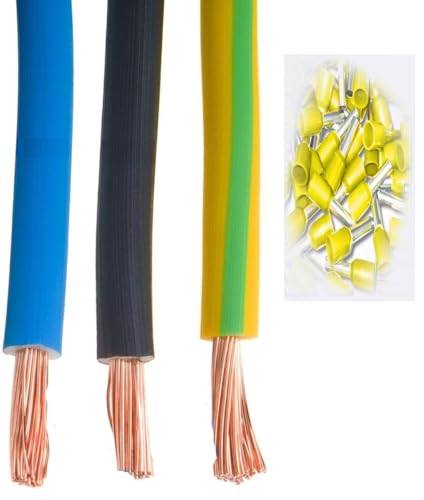 H07V-K Lot de câbles de câblage 6 mm² - 5/2/2 m - Noir, bleu, vert et jaune - En PVC - Toron simple - Avec embouts de câble