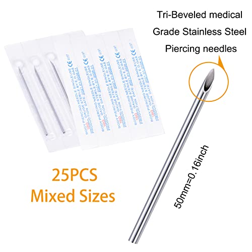 DJCIW 25PCS Mixed Body Piercing Needles, 12G 14G 16G 18G 20G Disposable Sterile Stainless Steel Piercing Needles for Ear Nose Navel Belly Nipple Tongue Lip Piercing - Thumbnail 2