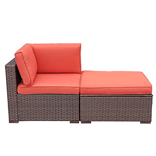 Jardina 2-Piece Patio Sectional Sofa, Patio Couch, Outdoor Wicker Furniture Set, With Armchair Ottoman, Brown Wicker Orange Cushion #TOP5