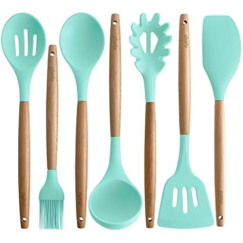 Silicone Cooking Utensils | Wooden Handle, Non-Stick Cookware Heat Resistant Kitchen Utensil Spatula, Slotted & Solid Spoon, Soup Ladle, Slotted Turner and Spaghetti Server,| Acacia Wood - Aqua Cover