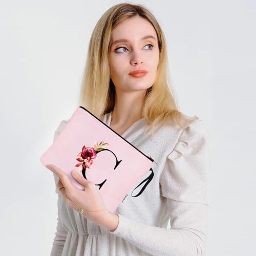 Image of Vavabox A-Z Personalized Makeup Bag, Birthday Gifts for Women Mom, Gifts for Best Friend, Bride Bridesmaid Cosmetic bag (C, Pink)