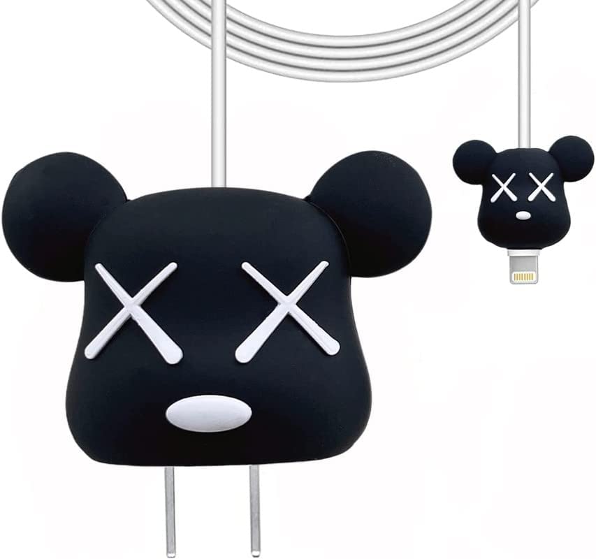 Image of Cartoon 3D Design Protective Case for 18W 20W iPhone 14 13 12 11 Pro Max Fast Charging Cable Adapter Charger, Cute Cartoon Lightning Data Cable Case for iPhone Charger (Black Bear)