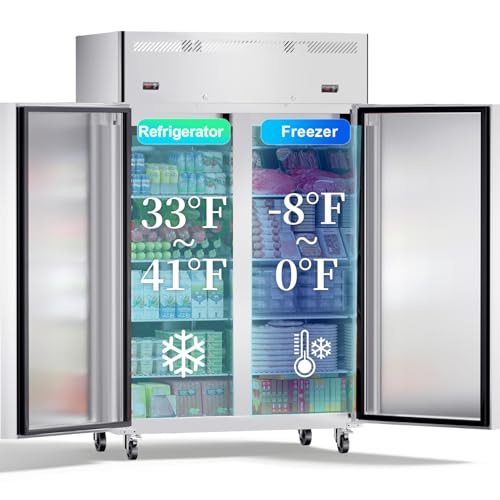 Image of ECEVT 48"W Commercial Refrigerator and Freezer Combo, 38 Cu.ft Upright Commercial Fridge Freezer with 8 Adjustable Shelves 2 Door for Restaurant, Shop, Stainless Steel Reach-in, ETL and DOE Approved