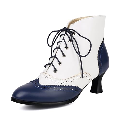 BEAUPAS Women's Vintage Lace-Up Oxford Ankle Boots Kitten Heel Brogue Wingtip