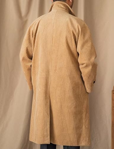 ONAXTDA Men's Corduroy Stripes Overcoat Slim Fit Single Breasted Lapeled Casual Long Jacket Pea Coat with Pockets3